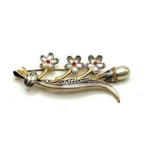 Vintage Gold‎ Tone Enamel Flower With Faux Pearl Brooch Pin